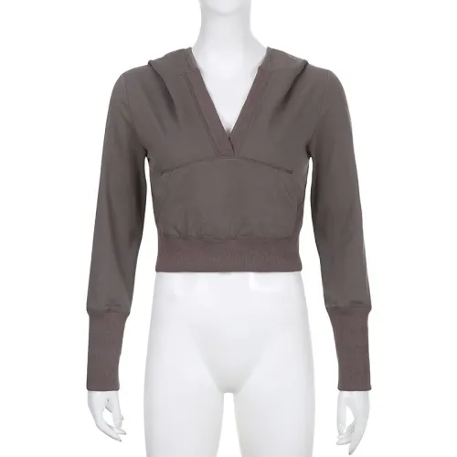 V-Neck Hooded Casual Thin Sweater Hot Girl Solid Color Versatile Pocket Short Slim Top