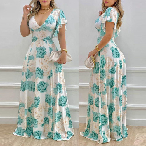 Sexy Commuter V-Neck Neck Waist Print Swing Dress