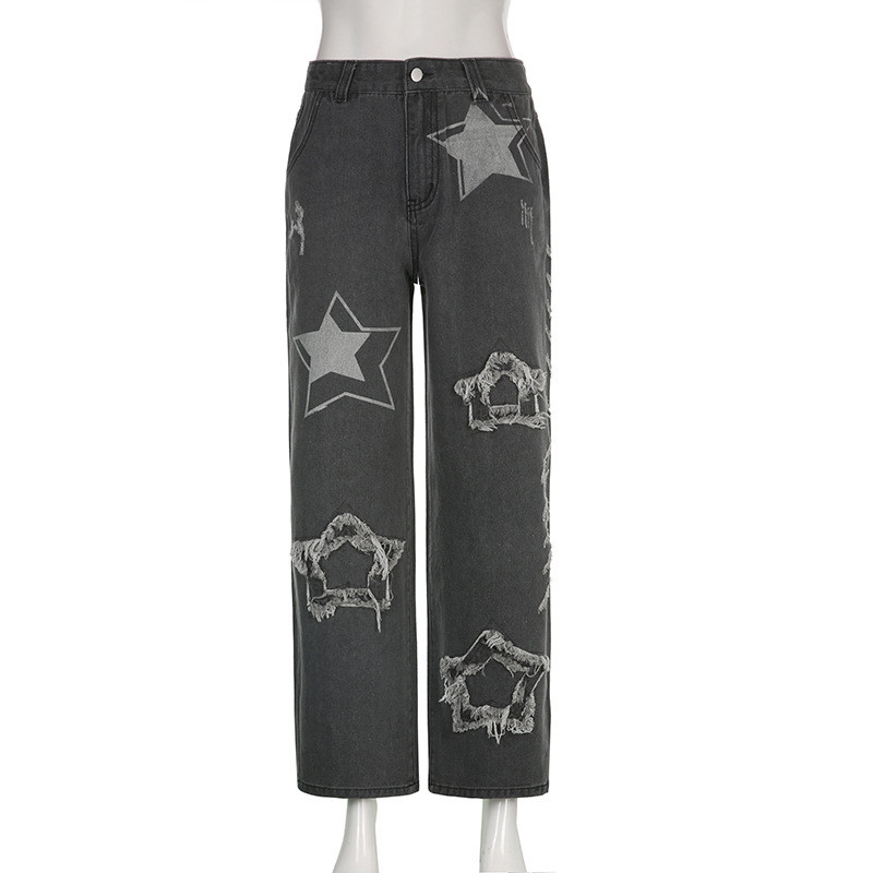 Star patch stitching straight jeans high waist trend handsome gray black slim trousers