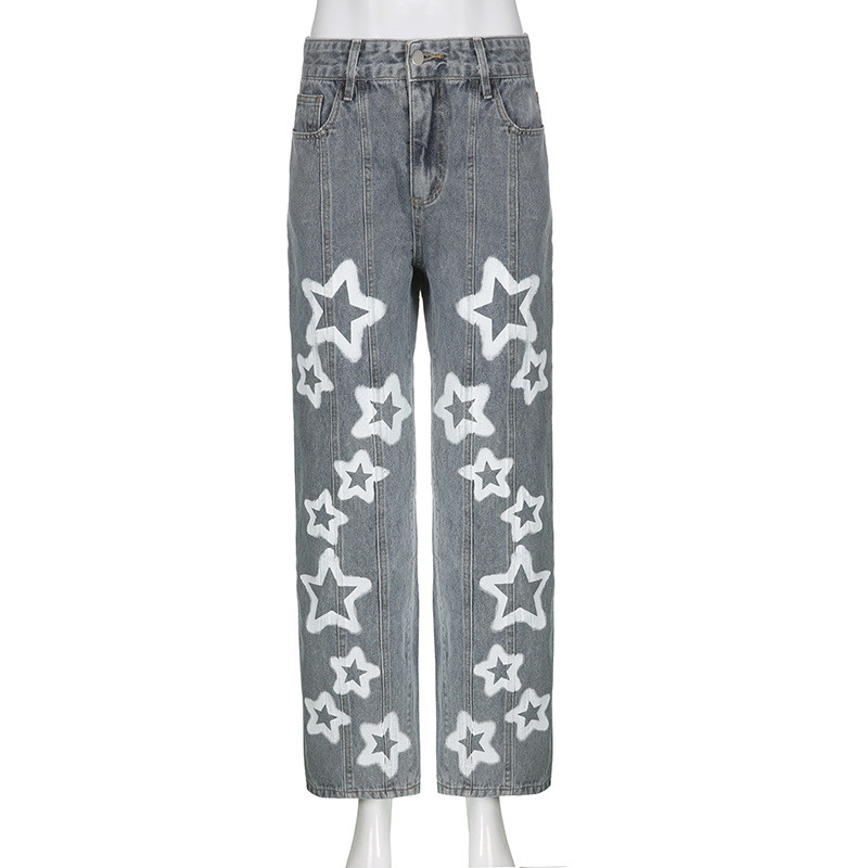 Retro street five-pointed star print distressed washed jeans