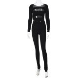 Solid Color Long Sleeve Hollow Slim Fit Hip Lift Sports Fitness Suit