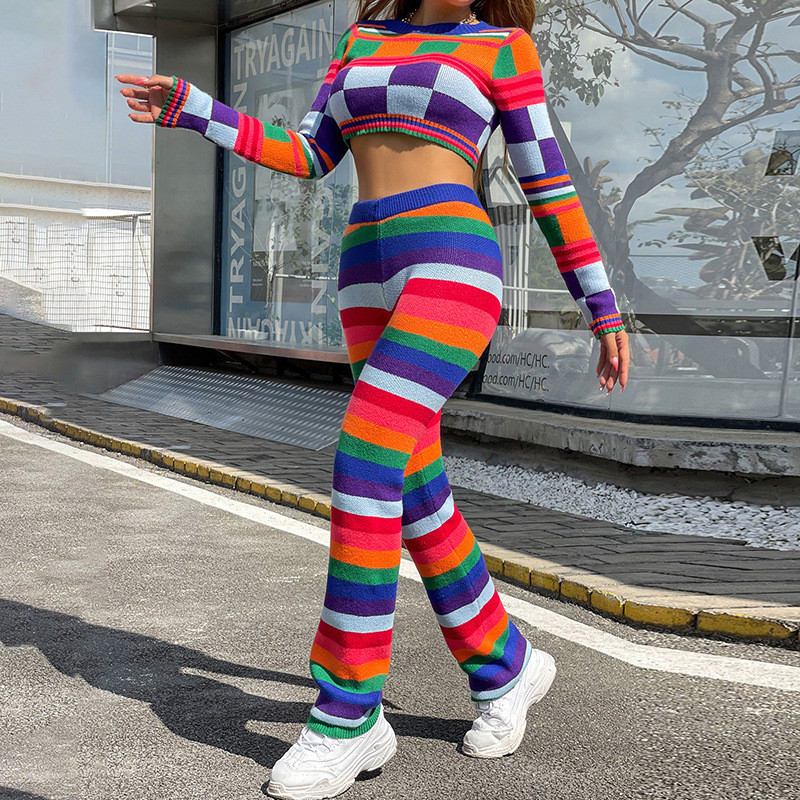 Street shot fashion hit color long-sleeved slim top high-waist woolen trousers suit