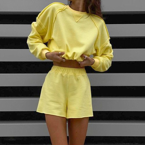 Solid color long-sleeved sweater shorts two-piece fashion reverse side casual suit