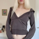 V-Neck Hooded Casual Thin Sweater Hot Girl Solid Color Versatile Pocket Short Slim Top