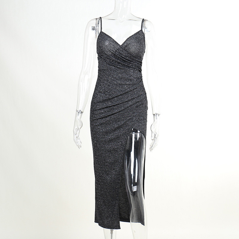 Sling cross pleated slit fine flash dress dress temperament women's sleeveless hip skirt