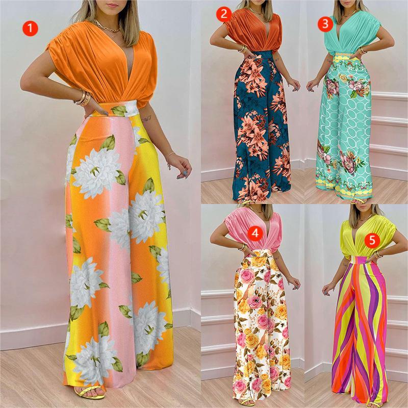 Elegant V-Neck Printed Wide Leg Pants Casual High Waist Jumpsuit