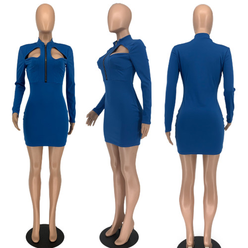 Fashion casual solid color zipper cutout dress
