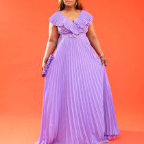 Belted women's fashion sexy ruffled pleated maxi skirt