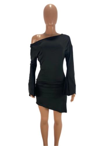 Pleated Slit Irregular Hem Flared Sleeves Sexy One-Line Neck Dress