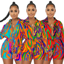 Autumn/Winter Fashion Print Shirt Collar Casual Jumpsuit