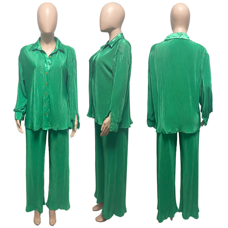 Shirt Cardigan Pleated Wide Leg Lounge Suit