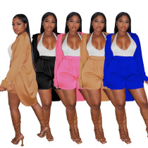 Women's Autumn Solid Color Long Sleeve Button Satin Shirt Shorts Two Piece Casual Suit