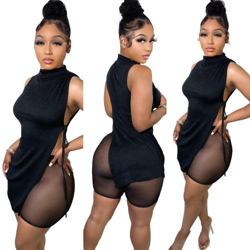 Women's Asymmetric Top High Waist Mesh Shorts Set