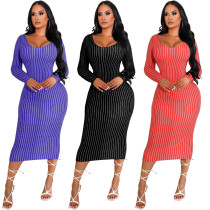 Women's Fashion Printed V-Neck Slim Fit Long Sleeve Dress