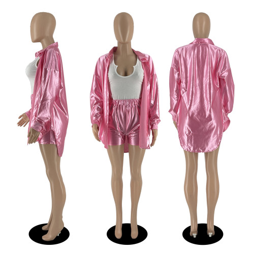 Women's Autumn Solid Color Long Sleeve Button Satin Shirt Shorts Two Piece Casual Suit
