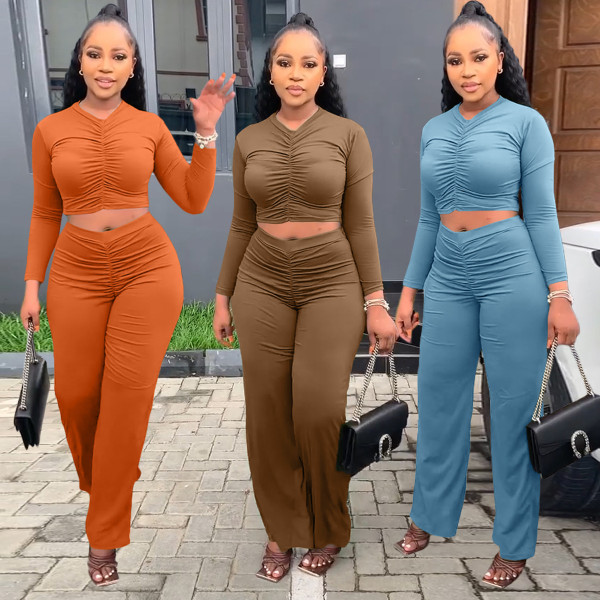 Women's Autumn and Winter Pleated Tops and Trousers Casual Sports Two-piece Suit