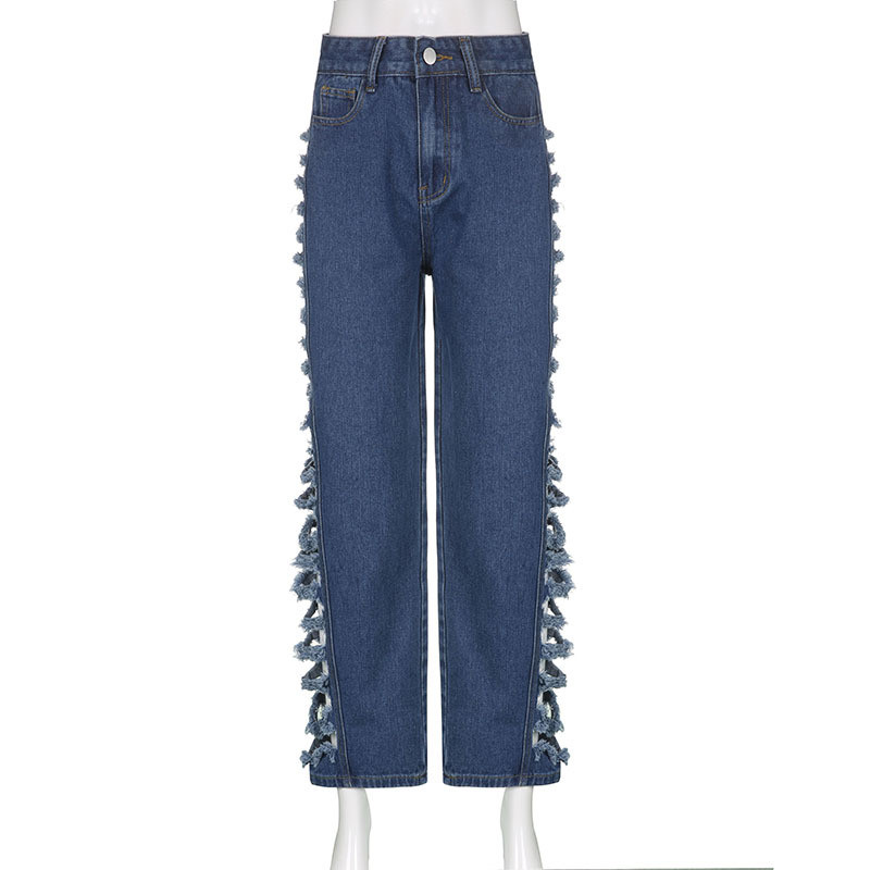 Sexy Street Women's Frayed Hollow Hollow High Waist Straight Casual Jeans
