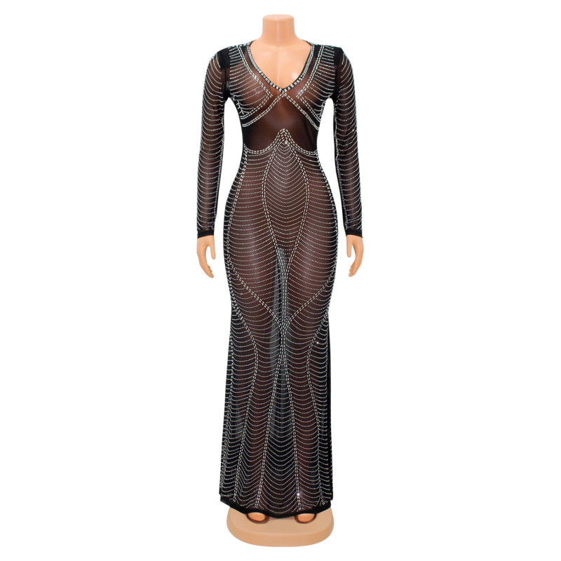 Women's Fashion Sexy Mesh Perspective Nightclub Hot Diamond Long Dress