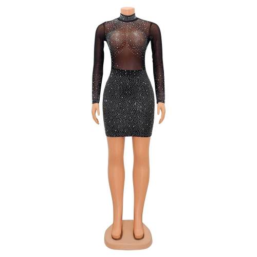 Women's Fashion Sexy Mesh Long Sleeve Hot Drill Dress