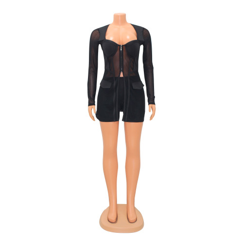 Fashion Sexy Mesh See-Through Square Neck Stitching Long Sleeve Two-piece Set