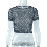 Round Neck Mesh Sheer Sexy Digital Print Cropped T-Shirt