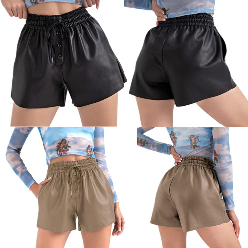 Women's Shorts Casual Loose Drawstring Four Seasons Wear PU Elastic Leather Pants