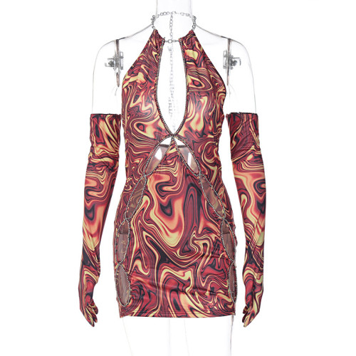 Printed Long Sleeve Sexy Cutout Chain Halter Slim Dress