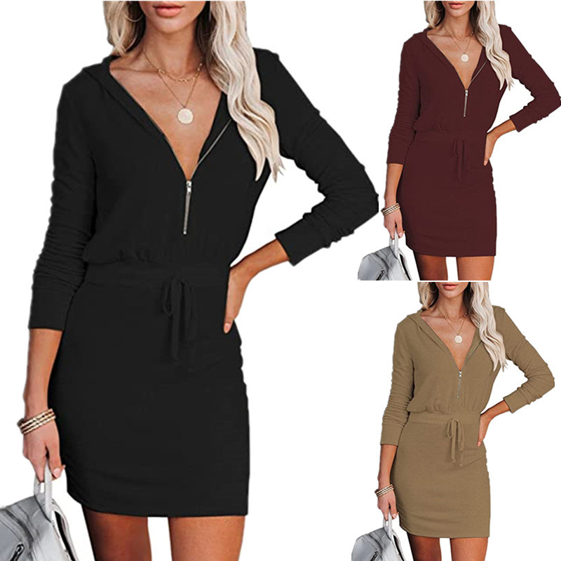 Women's Solid Zip Long Sleeve Hooded Tunic Dress