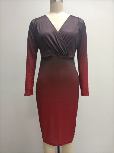 Gradient Slim Fit Long Sleeve Sexy Deep V Neck Hip Dress