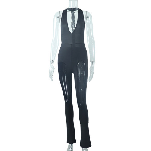 Solid Color Halter Sexy V-Neck Mesh Panel Bodysuit
