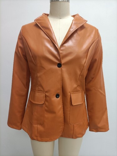 Temperament Slim Lapel Single Breasted Solid Color PU Leather Long Sleeve Top