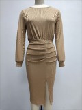 Women's Threaded Waist Lantern Long Sleeve Knit Slit Pack Hip Dress