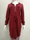 Women's Solid Zip Long Sleeve Hooded Tunic Dress