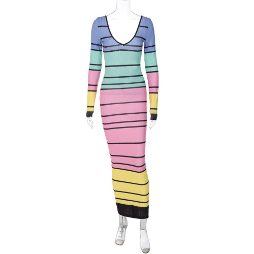 U-neck contrast color panel maxi lace-up backless slim dress