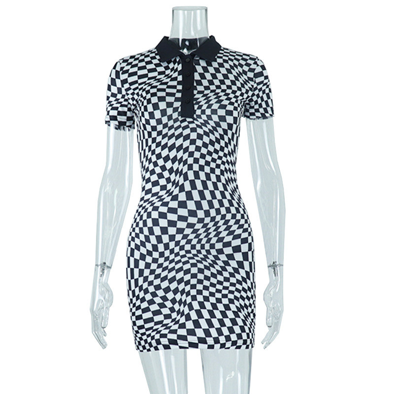 Polo collar black and white plaid print contrast color hip dress