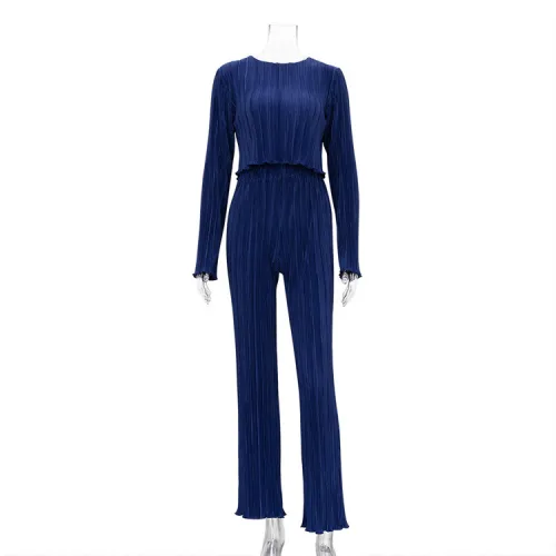 Long Sleeve T-Shirt Two Piece Slim Fit Blue Pleated Wide Leg Pants Set