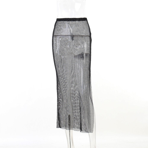 Mesh skirt casual sexy women's temperament commuter elegant slit long skirt