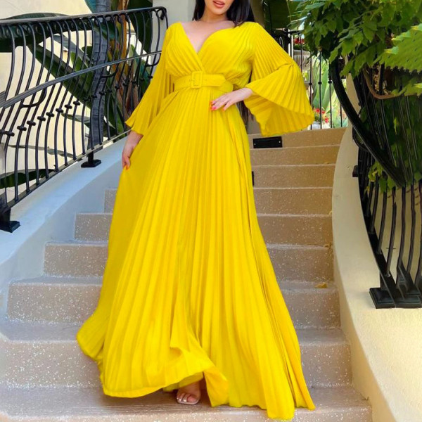 V-neck sexy pleated dress long dress