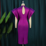 Design sense niche solid color bell sleeves open back elastic party banquet evening dress dress