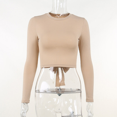 Backless Tie Long Sleeve Threaded Top Casual Women's Temperament Commuter Cropped Navel T-Shirt