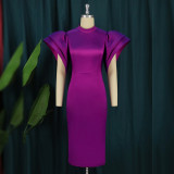 Design sense niche solid color bell sleeves open back elastic party banquet evening dress dress