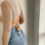 Backless Tie Long Sleeve Threaded Top Casual Women's Temperament Commuter Cropped Navel T-Shirt