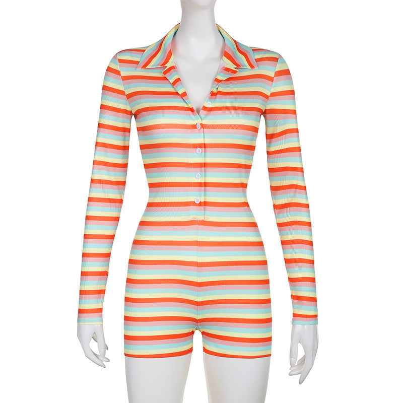 Colorful Striped Ribbed Print Lapel Buttoned Skinny Casual Playsuit