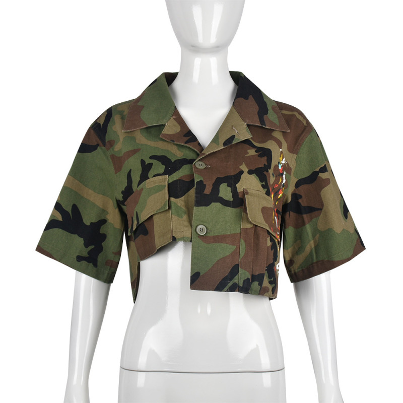 Camouflage Paint Pocket Personality Cardigan Outdoor Short Sleeve Women's Jacket
