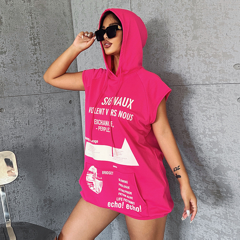 Letter Hooded Sweater Dress Fashion Sexy Women's Sleeveless Sports Hooded Hip Dress