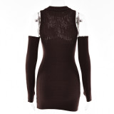 Knitted women's autumn dress sexy perspective tight round neck stitching long-sleeved hip skirt