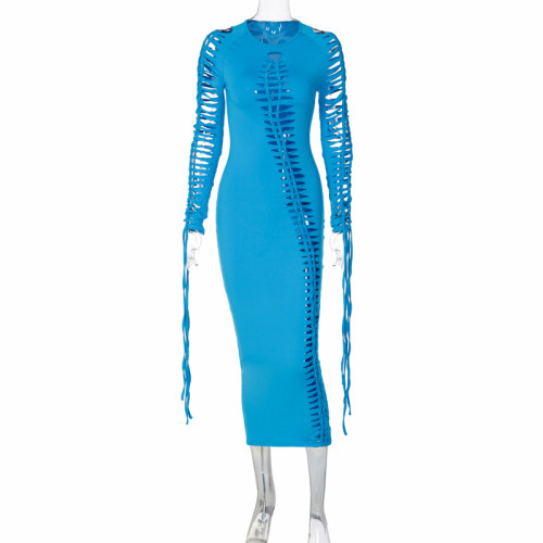 Fashion personality hollow round neck slim long sleeve dress