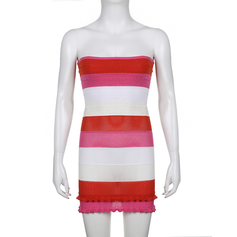 Fashion sexy hot girl striped contrast color stitching one word neck tube top wool lace dress