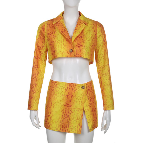 Fashion Vintage Print Suit Polo Collar Jacket Crop Top