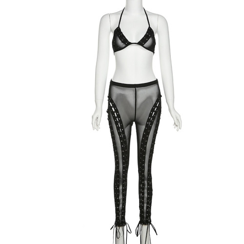 Sexy sleeveless vest, suspender top, splicing mesh strap, Pants Set